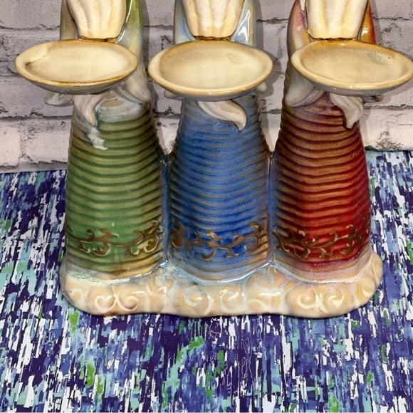 Santa Trio Votive Candle Holder Figurine 9" Ceramic Glazed Red Blue Green - Picture 3 of 9